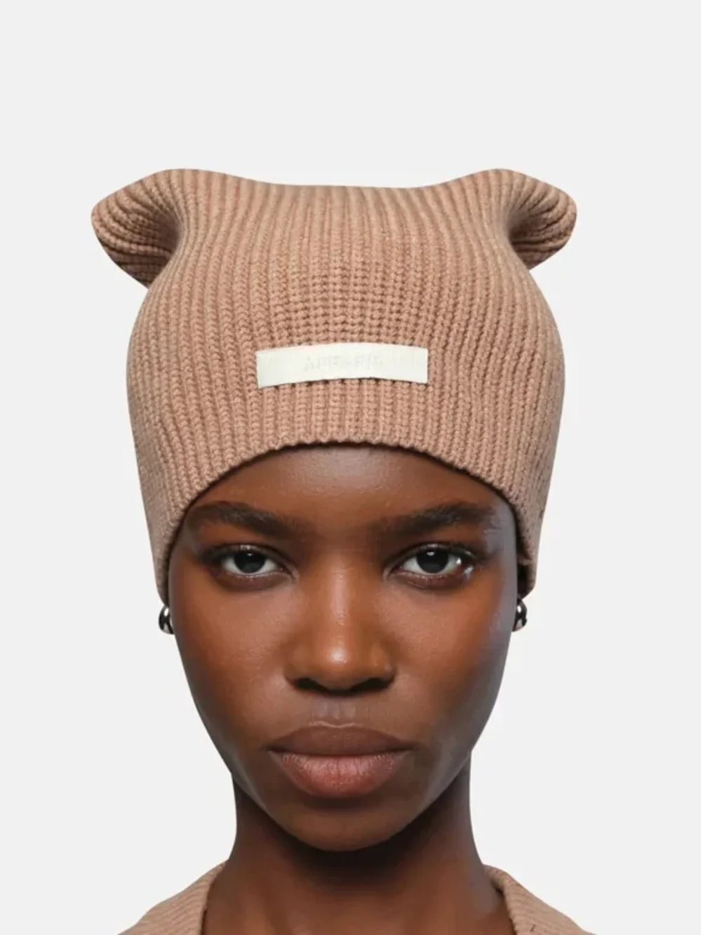 ✨New✨ Apparis Cara Logo Patch Ribbed Beanie, Beige, Cat Ear